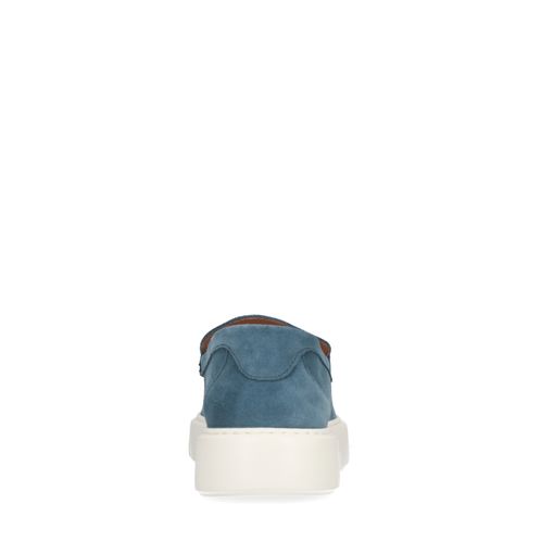 Blaue Veloursleder-Loafer mit weißer Sohle