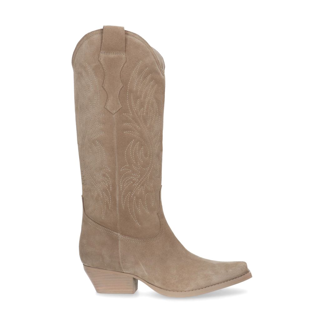 Beigefarbene Western Boots aus Veloursleder mit Stickerei