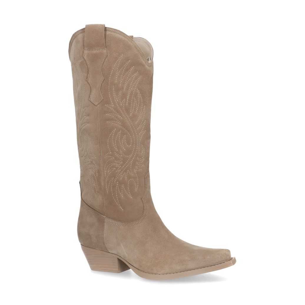 Beigefarbene Western Boots aus Veloursleder mit Stickerei