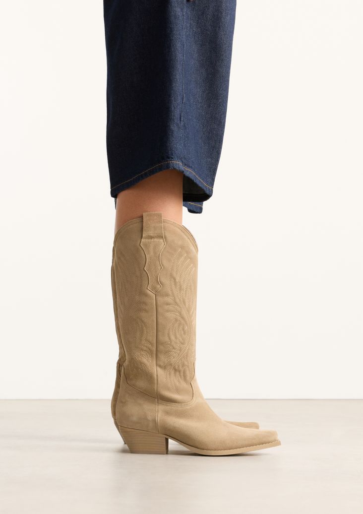 Beigefarbene Western Boots aus Veloursleder mit Stickerei
