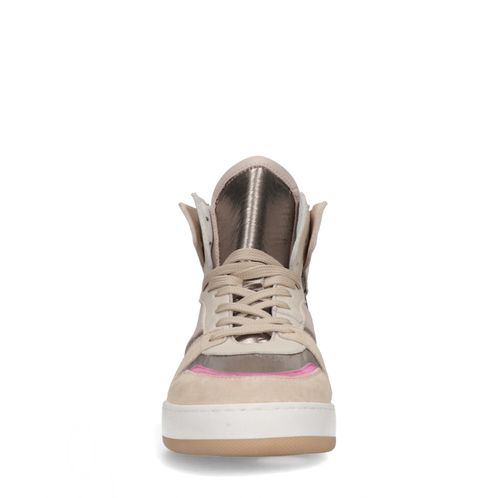 Halbhohe beigefarbene Sneaker mit Details in Metallic und Rosa