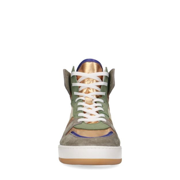 Halbhohe grüne Sneaker mit Details in Metallic und Lila