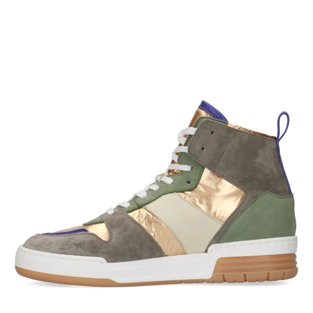 Halbhohe grüne Sneaker mit Details in Metallic und Lila