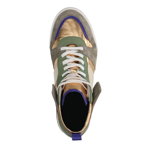 Halfhoge groene sneakers met metallic en paarse details