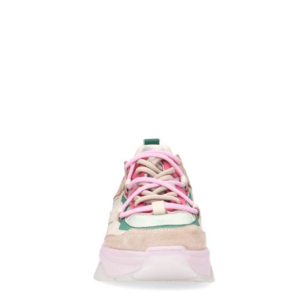 Roze sneakers met beige en groene details