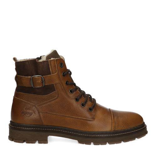 Cognac leren veterboots met imitatiebont