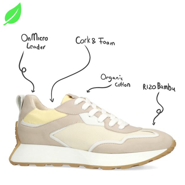 Vegane beigefarbene Sneaker mit gelben Details