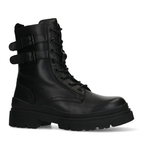 Schwarze Leder-Schnürstiefeletten mit Schnallen