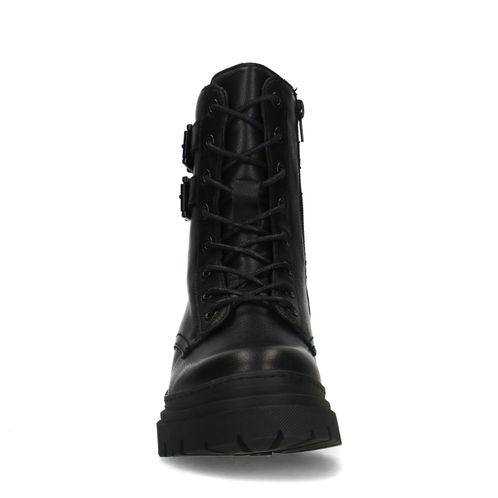 Schwarze Leder-Schnürstiefeletten mit Schnallen