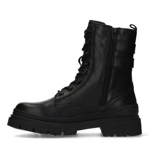 Schwarze Leder-Schnürstiefeletten mit Schnallen