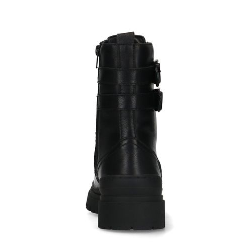 Schwarze Leder-Schnürstiefeletten mit Schnallen
