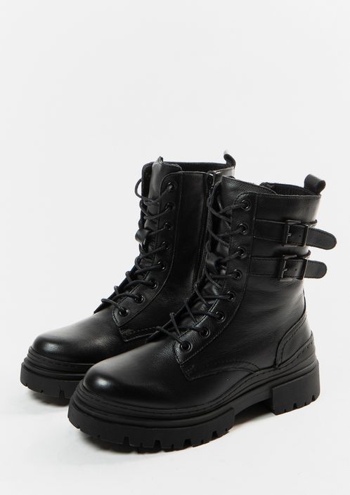Schwarze Leder-Schnürstiefeletten mit Schnallen