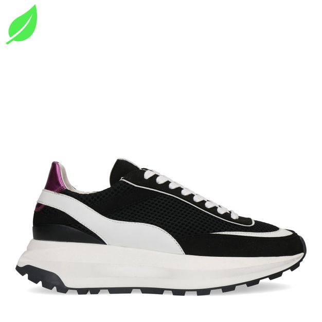 Vegane schwarz-weiße Sneaker mit rosafarbenem Detail