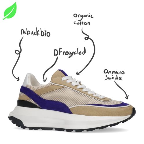 Vegane beigefarbene Sneaker mit lila Details