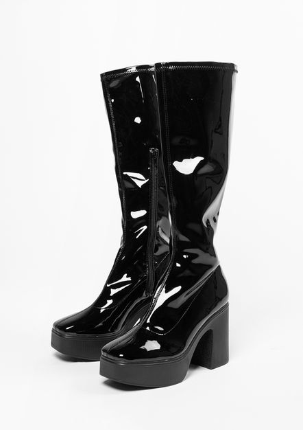 Schwarze Lack-Stiefel mit hohem Schaft und Blockabsatz