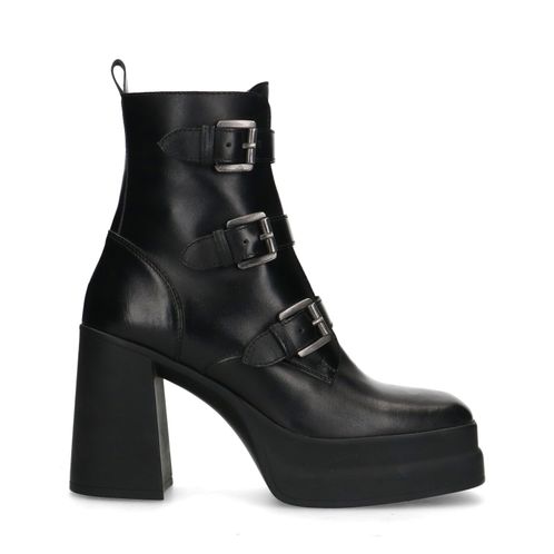 Zwarte leren biker boots met plateau hak