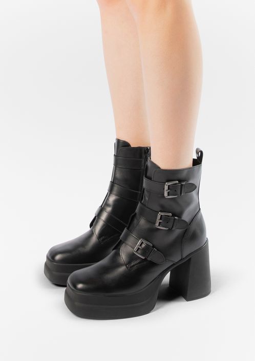 Zwarte leren biker boots met plateau hak