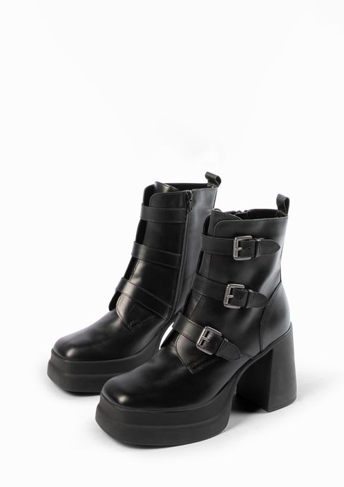Zwarte leren biker boots met plateau hak