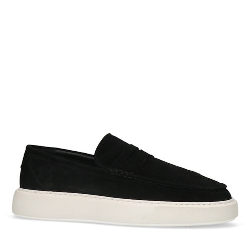 Zwarte suède penny loafers met witte zool