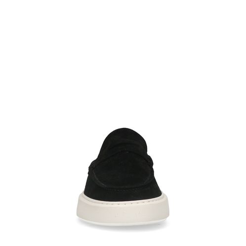 Zwarte suède penny loafers met witte zool