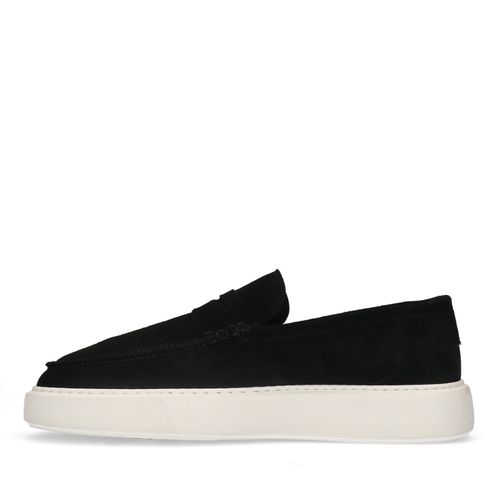 Zwarte suède penny loafers met witte zool