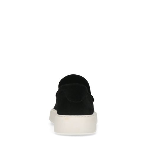 Zwarte suède penny loafers met witte zool