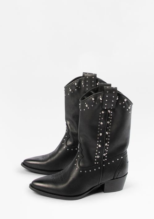 Schwarze Western Boots aus Leder mit silberfarbenen Nieten