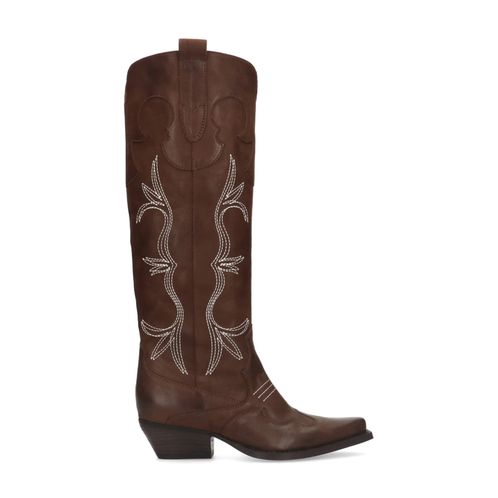 Cognac leren cowboylaarzen met witte sierstiksels