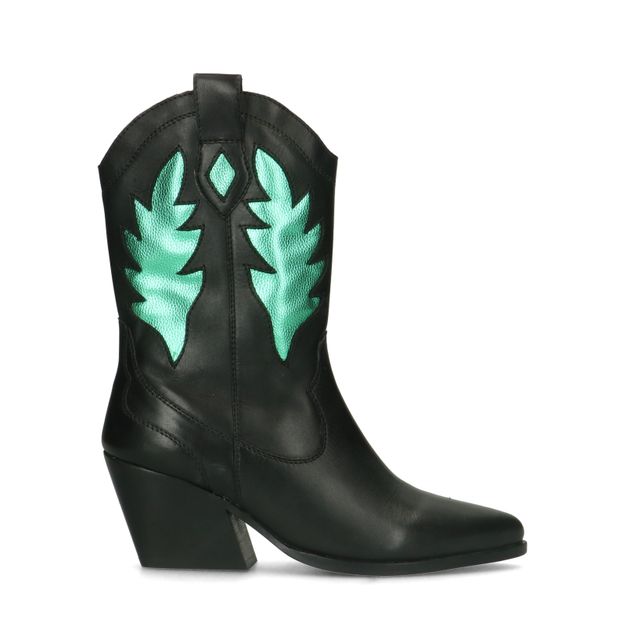 transactie Verheugen theater Zwarte cowboy enkellaarsjes met metallic groene details | Festival boots |  Sacha | Sacha