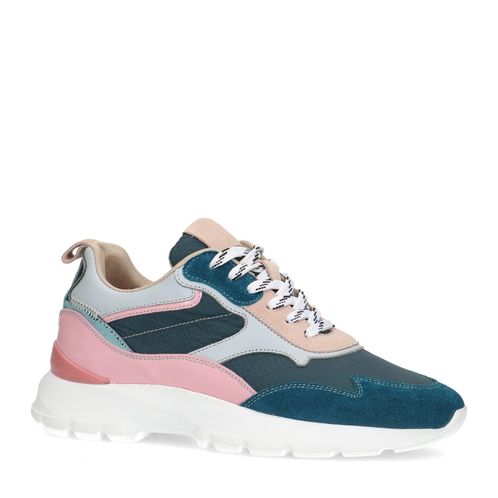 Blaue Veloursleder-Sneaker mit rosa Details