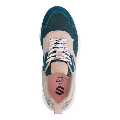 Blaue Veloursleder-Sneaker mit rosa Details