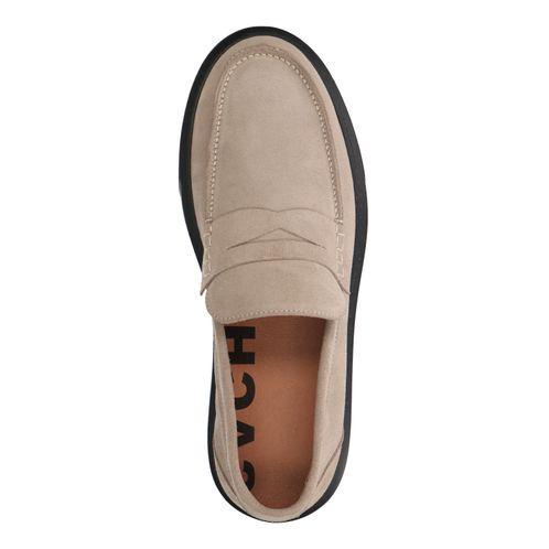 Beige suède penny loafers met zwarte zool