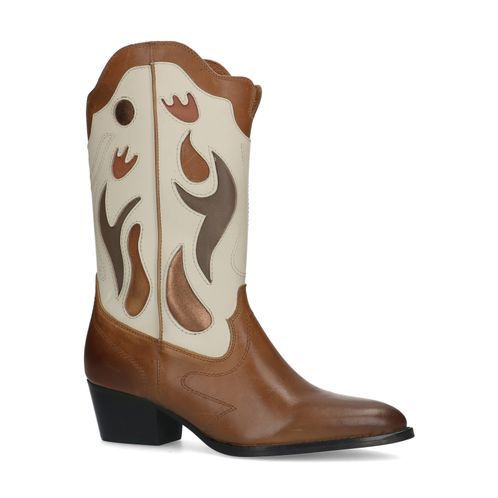 Cognac leren cowboylaarzen met off white details