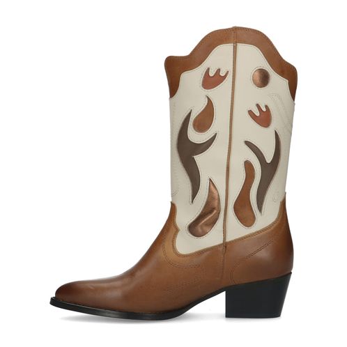 Cognac leren cowboylaarzen met off white details