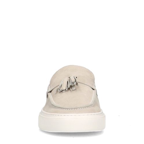 Hellgraue Veloursleder-Loafer mit Quasten