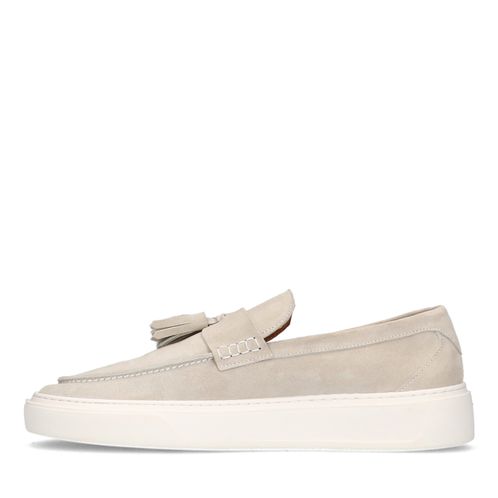 Lichtgrijze suède loafers met kwastjes