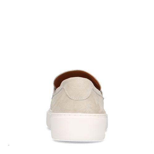 Lichtgrijze suède loafers met kwastjes