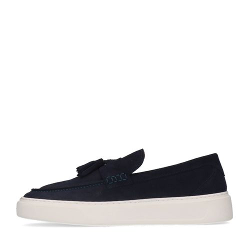Donkerblauwe suède loafers met kwastjes