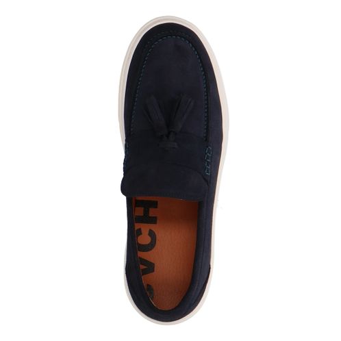 Donkerblauwe suède loafers met kwastjes