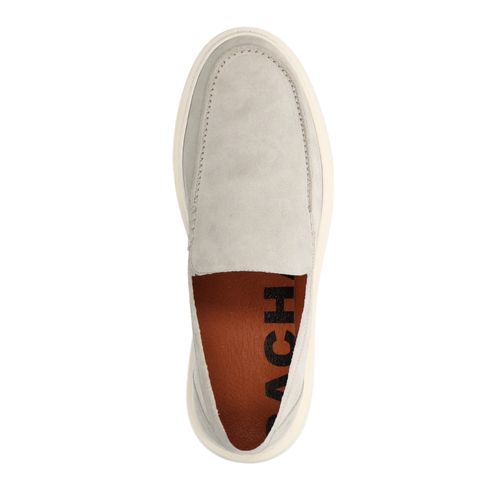 Lichtgrijze suède loafers met witte zool