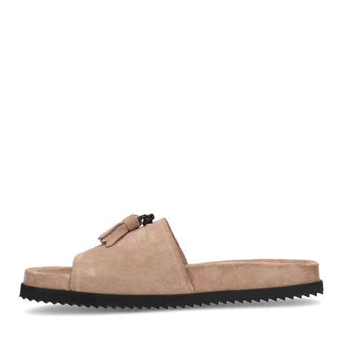Beige suède slippers met kwastjes