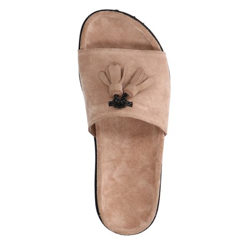 Beige suède slippers met kwastjes