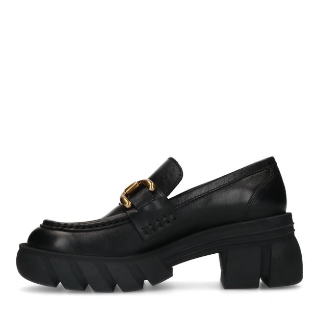 Chunky schwarze Leder-Loafer mit goldfarbener Kette