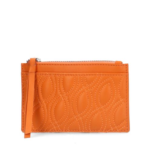 Orangefarbenes Leder-Portemonnaie mit Sticknähten