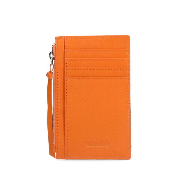 Orangefarbenes Leder-Portemonnaie mit Sticknähten