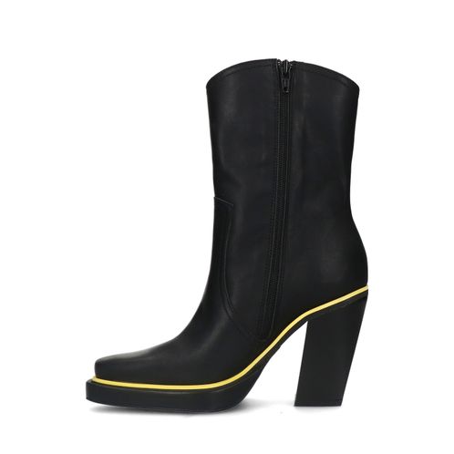 Schwarze Absatz-Stiefeletten mit gelben Details