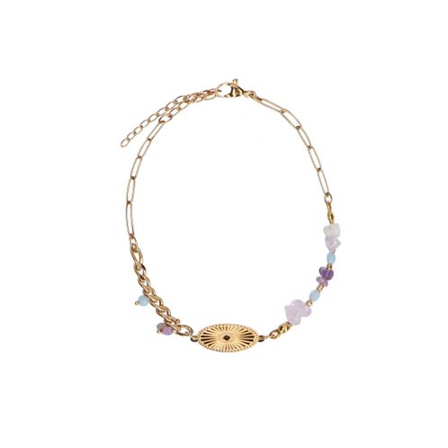 Goldfarbenes Gliederarmband mit lila Perlen