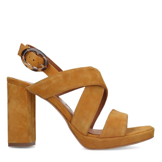 Gelbe Veloursleder-Sandaletten mit Blockabsatz
