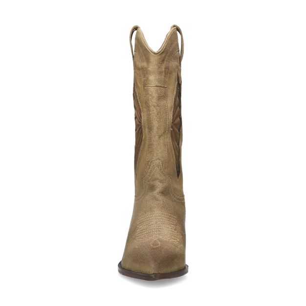 Beigefarbene Veloursleder-Cowboystiefel mit bronzefarbenen Details