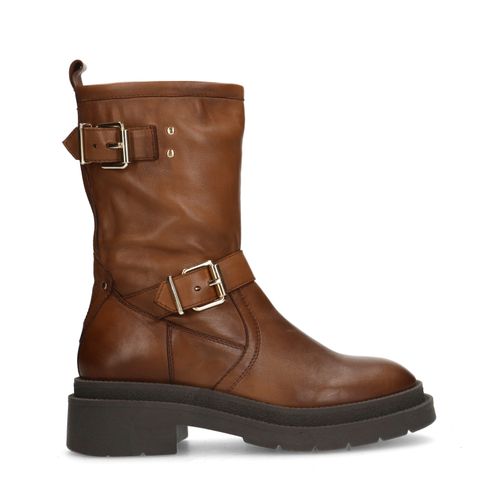 Cognac leren biker boots met goudkleurige gespen
